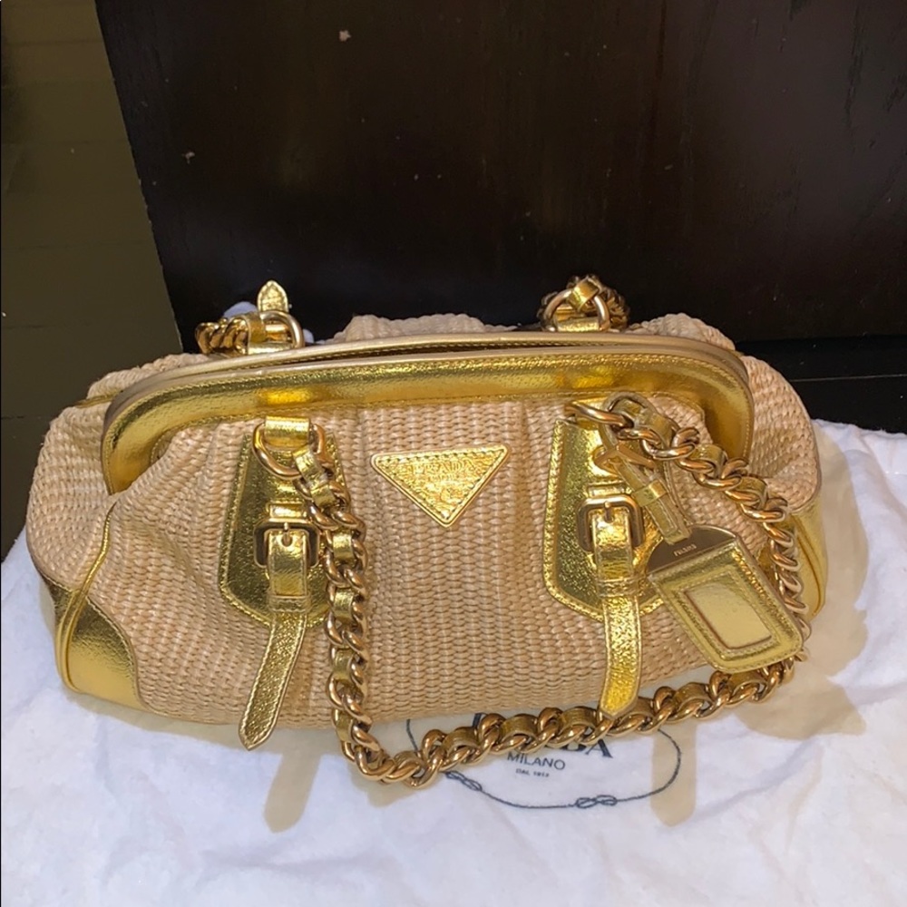 Prada Gold and Woven Wicker Satchel Bag